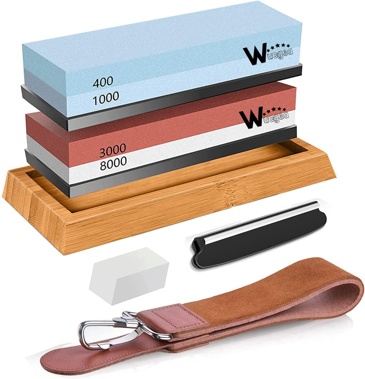 Knife Sharpening Stone Kit – 400/1000 3000/8000 Grit Wet Kitchen Whetstone Knife Sharpener Set with Non-slip Bamboo Rubber Base, Angle Guide, Flattening, Leather Strop and Cut Resistant Gloves