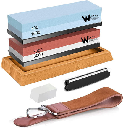 Knife Sharpening Stone Kit – 400/1000 3000/8000 Grit Wet Kitchen Whetstone Knife Sharpener Set with Non-slip Bamboo Rubber Base, Angle Guide, Flattening, Leather Strop and Cut Resistant Gloves
