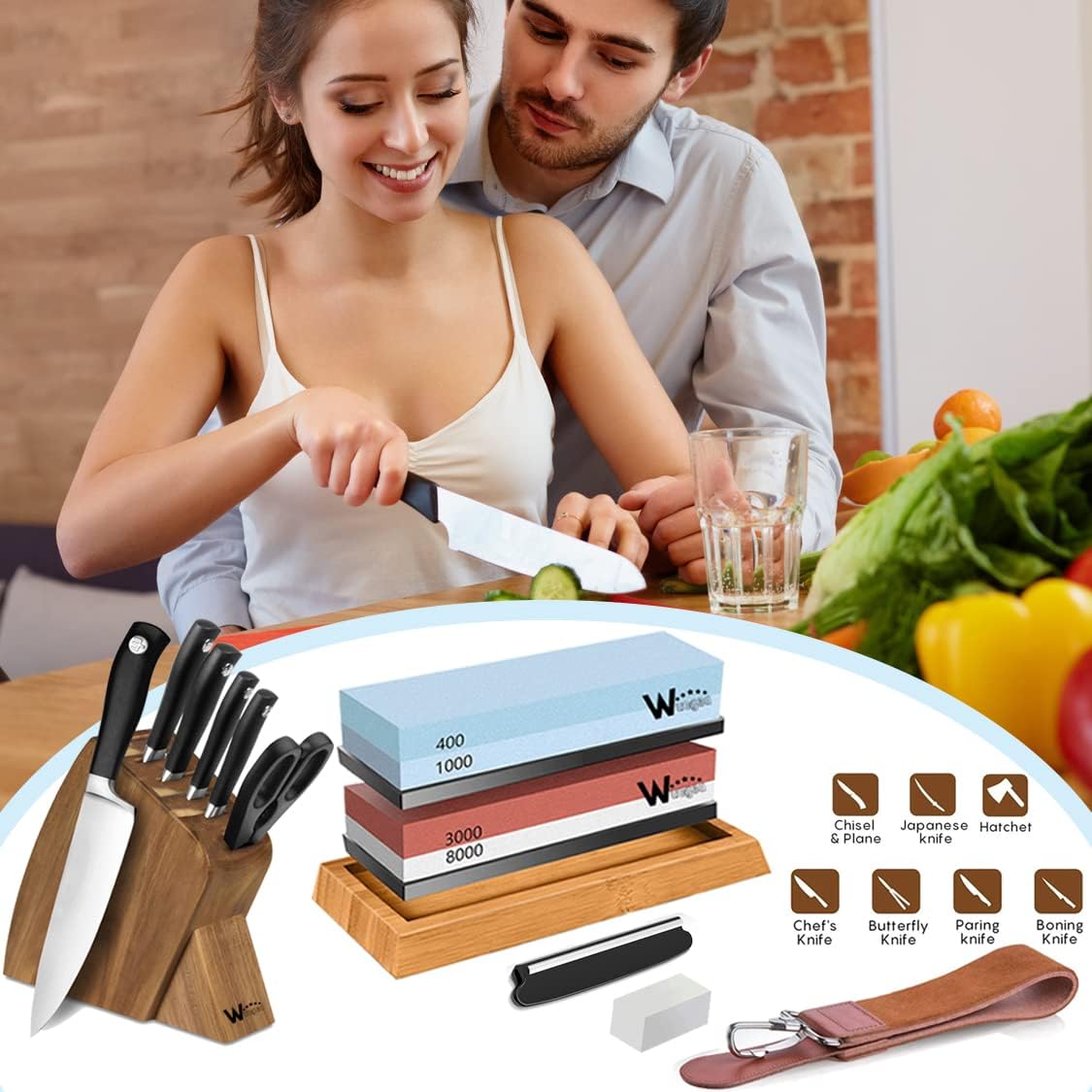 Knife Sharpening Stone Kit – 400/1000 3000/8000 Grit Wet Kitchen Whetstone Knife Sharpener Set with Non-slip Bamboo Rubber Base, Angle Guide, Flattening, Leather Strop and Cut Resistant Gloves