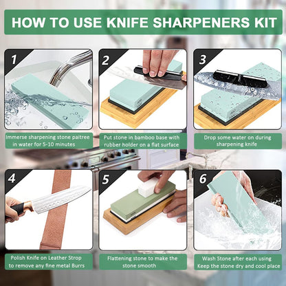 Knife Sharpening Stone Kit – 400/1000 3000/8000 Grit Wet Kitchen Whetstone Knife Sharpener Set with Non-slip Bamboo Rubber Base, Angle Guide, Flattening, Leather Strop and Cut Resistant Gloves