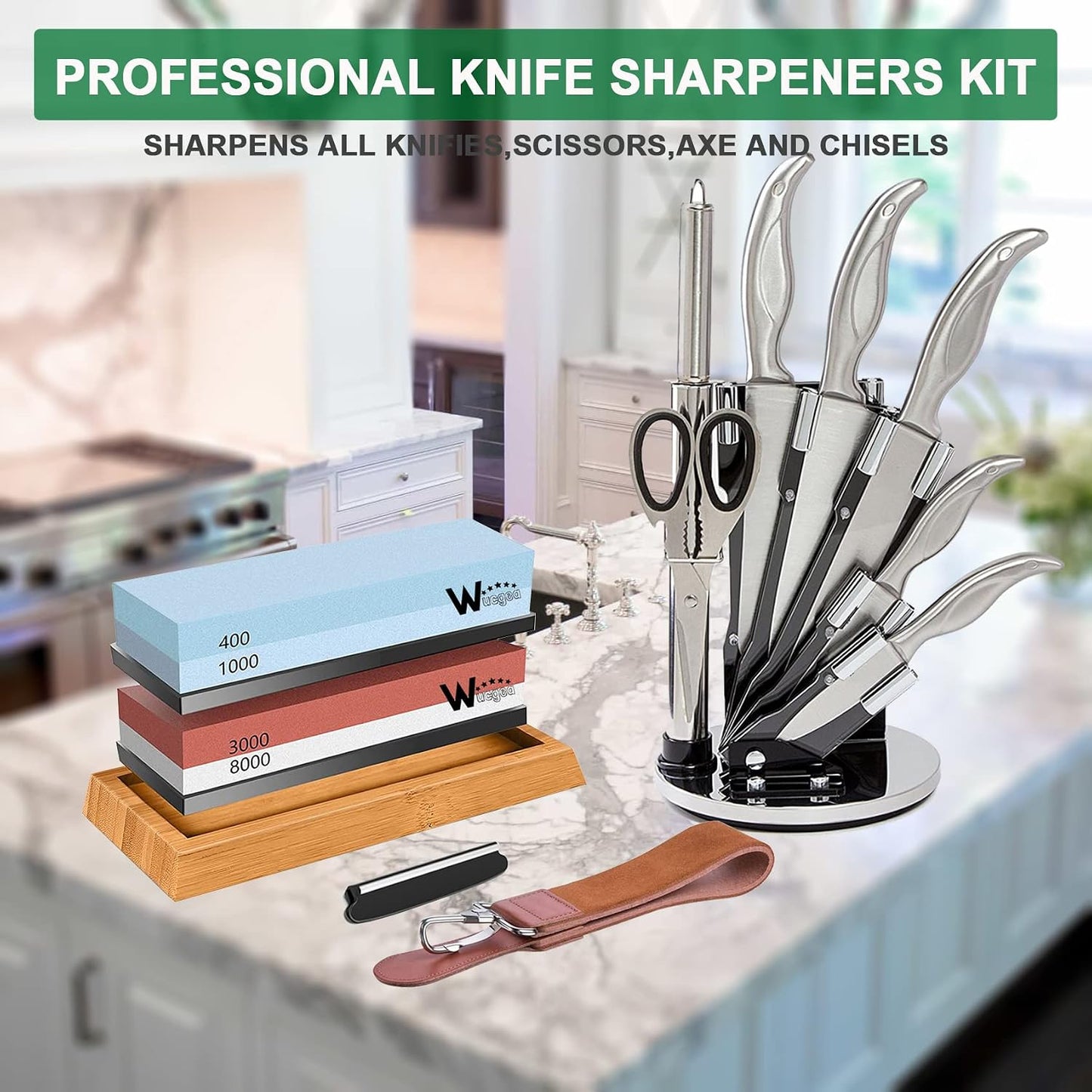 Knife Sharpening Stone Kit – 400/1000 3000/8000 Grit Wet Kitchen Whetstone Knife Sharpener Set with Non-slip Bamboo Rubber Base, Angle Guide, Flattening, Leather Strop and Cut Resistant Gloves