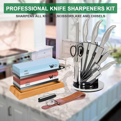 Knife Sharpening Stone Kit – 400/1000 3000/8000 Grit Wet Kitchen Whetstone Knife Sharpener Set with Non-slip Bamboo Rubber Base, Angle Guide, Flattening, Leather Strop and Cut Resistant Gloves