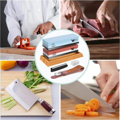Knife Sharpening Stone Kit – 400/1000 3000/8000 Grit Wet Kitchen Whetstone Knife Sharpener Set with Non-slip Bamboo Rubber Base, Angle Guide, Flattening, Leather Strop and Cut Resistant Gloves
