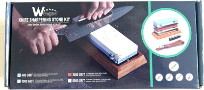 Knife Sharpening Stone Kit – 400/1000 3000/8000 Grit Wet Kitchen Whetstone Knife Sharpener Set with Non-slip Bamboo Rubber Base, Angle Guide, Flattening, Leather Strop and Cut Resistant Gloves