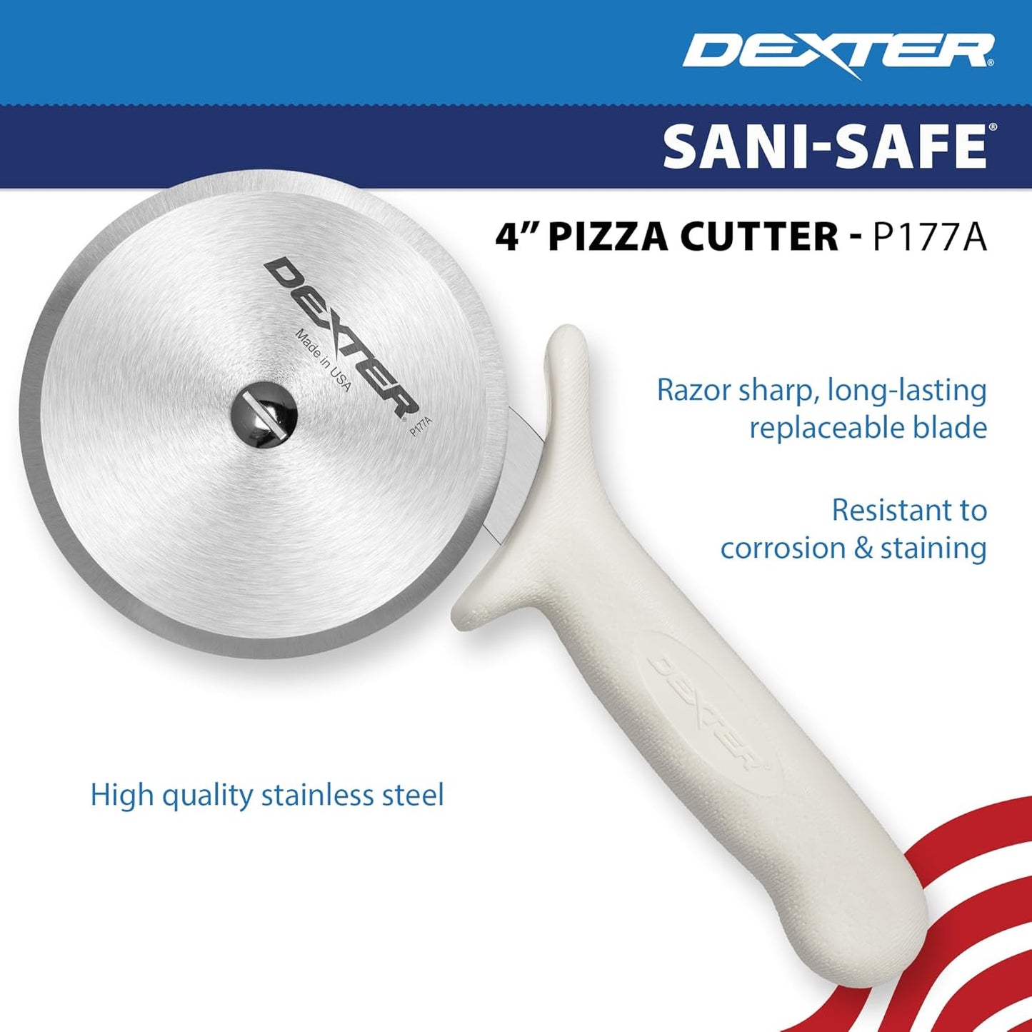 4" Pizza Cutter, P177A-4PCP | SANI-SAFE Series, Stainless Steel Blade with Slip-Resistant Polypropylene Handle | Heavy-Duty Rotary Cutter for Pizza, Pastry & More | Made in USA