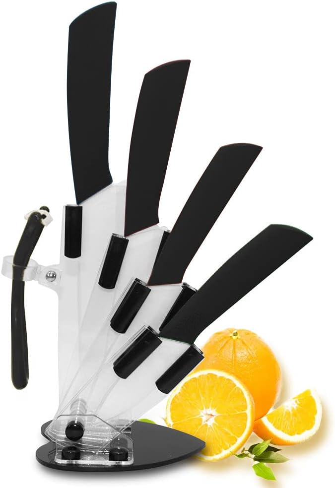 Ceramic Knife Set of 5,Sharp Ceramic Knife with Sheath,Steak Knife,Black Kitchen Knives With Anti-Slip handle,Includes 6"Chef Knife,5"Utility Knife,4"Vegetable Knife,3"Paring Knife,1''Fruit Peeler