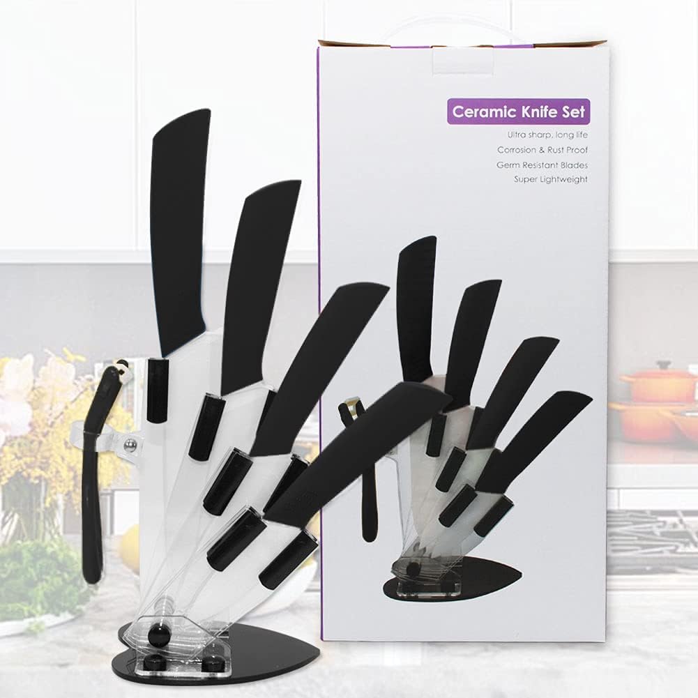 Ceramic Knife Set of 5,Sharp Ceramic Knife with Sheath,Steak Knife,Black Kitchen Knives With Anti-Slip handle,Includes 6"Chef Knife,5"Utility Knife,4"Vegetable Knife,3"Paring Knife,1''Fruit Peeler