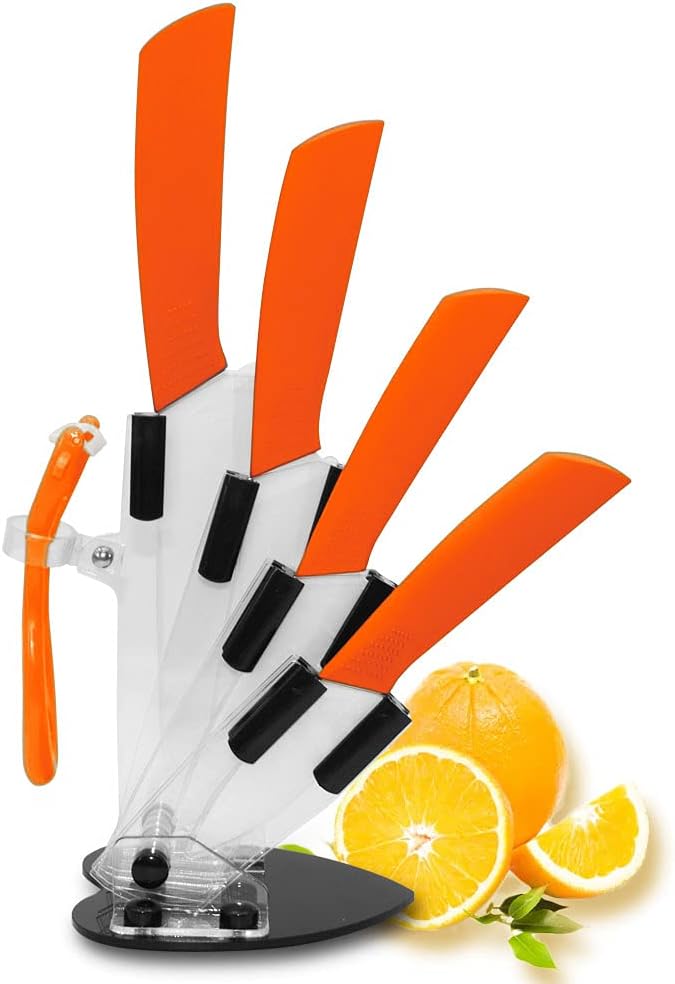 Ceramic Knife Set of 5,Sharp Ceramic Knife with Sheath,Steak Knife,Black Kitchen Knives With Anti-Slip handle,Includes 6"Chef Knife,5"Utility Knife,4"Vegetable Knife,3"Paring Knife,1''Fruit Peeler
