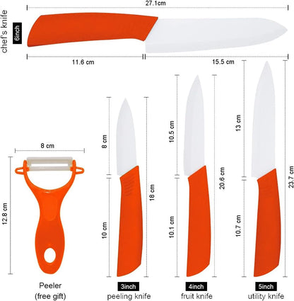 Ceramic Knife Set of 5,Sharp Ceramic Knife with Sheath,Steak Knife,Black Kitchen Knives With Anti-Slip handle,Includes 6"Chef Knife,5"Utility Knife,4"Vegetable Knife,3"Paring Knife,1''Fruit Peeler