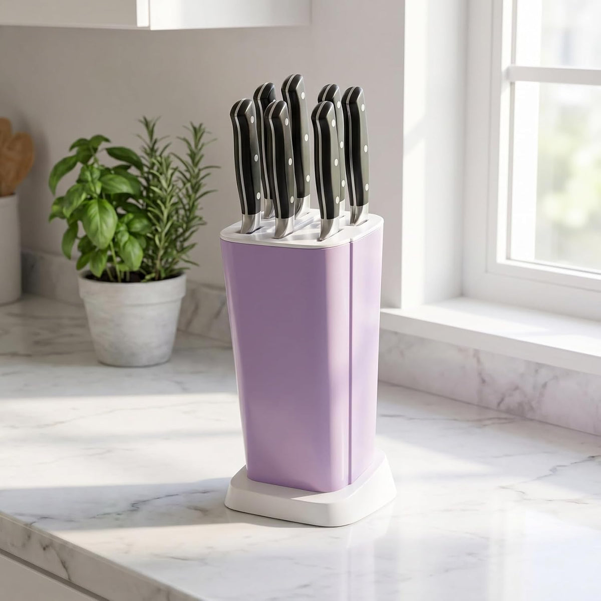 1Pc Knife Block Without Knives Square Knife Holder Kitchen Storage Rack Universal Detachable Rotatable Drainage Organizer 10.23X5.90X4.72In Purple