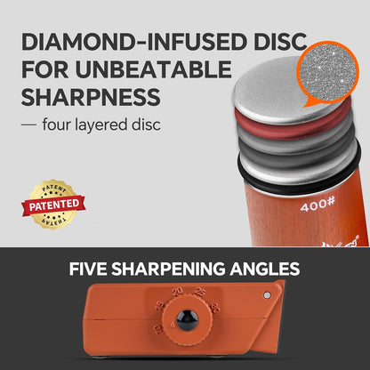 The Innovative Knife Sharpener - Patented Multi-Angle Premium Rolling Knife Sharpener with Extra Replacement Head for Chef's, Fruit, and All Steel Knives (Brown)