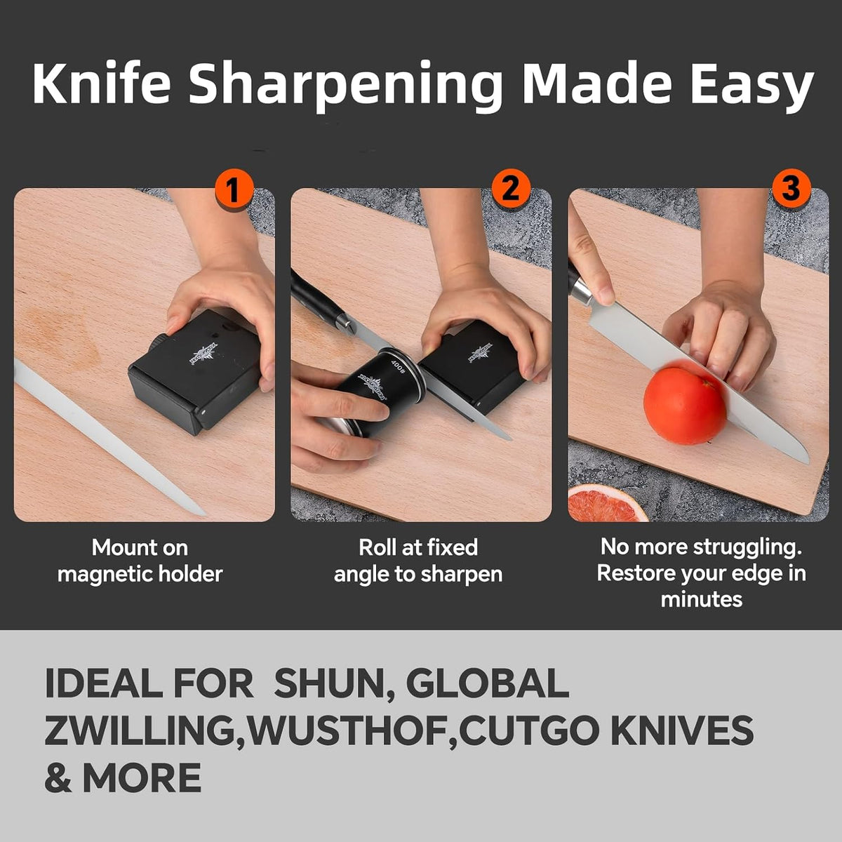 The Innovative Knife Sharpener - Patented Multi-Angle Premium Rolling Knife Sharpener with Extra Replacement Head for Chef's, Fruit, and All Steel Knives (Brown)
