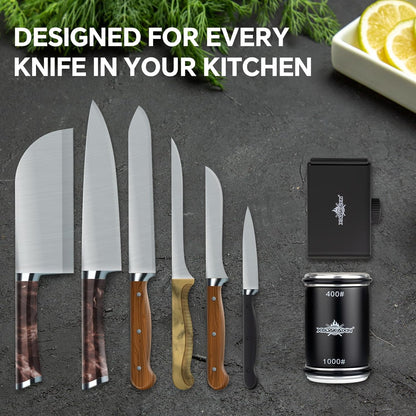The Innovative Knife Sharpener - Patented Multi-Angle Premium Rolling Knife Sharpener with Extra Replacement Head for Chef's, Fruit, and All Steel Knives (Brown)