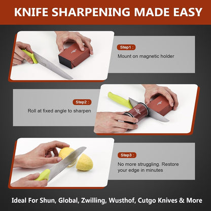 The Innovative Knife Sharpener - Patented Multi-Angle Premium Rolling Knife Sharpener with Extra Replacement Head for Chef's, Fruit, and All Steel Knives (Brown)