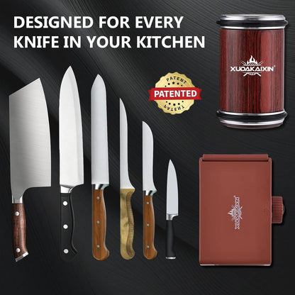 The Innovative Knife Sharpener - Patented Multi-Angle Premium Rolling Knife Sharpener with Extra Replacement Head for Chef's, Fruit, and All Steel Knives (Brown)