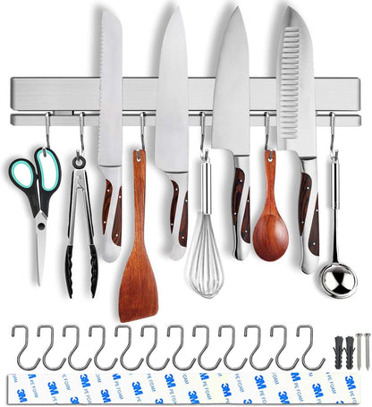 17 Inch Magnetic Knife Holder for Wall No Drill/Drill with 12 Hooks-Strong Adhesive Double Bar Knife Magnetic Strip-Kitchen Utensil Holder-304 Stainless Steel Magnetic Knife Block