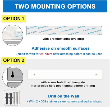 17 Inch Magnetic Knife Holder for Wall No Drill/Drill with 12 Hooks-Strong Adhesive Double Bar Knife Magnetic Strip-Kitchen Utensil Holder-304 Stainless Steel Magnetic Knife Block