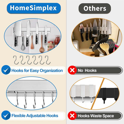 17 Inch Magnetic Knife Holder for Wall No Drill/Drill with 12 Hooks-Strong Adhesive Double Bar Knife Magnetic Strip-Kitchen Utensil Holder-304 Stainless Steel Magnetic Knife Block