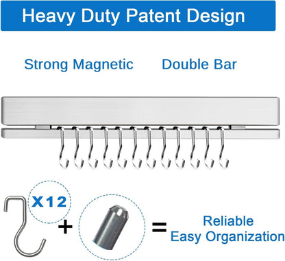 17 Inch Magnetic Knife Holder for Wall No Drill/Drill with 12 Hooks-Strong Adhesive Double Bar Knife Magnetic Strip-Kitchen Utensil Holder-304 Stainless Steel Magnetic Knife Block