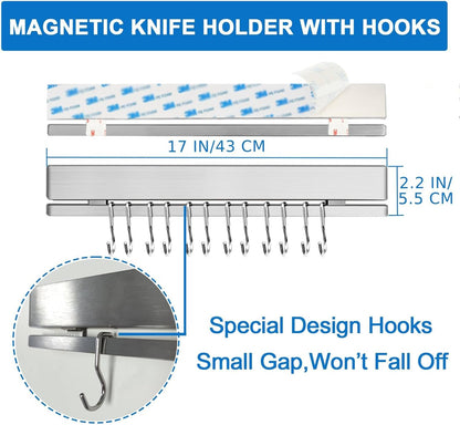17 Inch Magnetic Knife Holder for Wall No Drill/Drill with 12 Hooks-Strong Adhesive Double Bar Knife Magnetic Strip-Kitchen Utensil Holder-304 Stainless Steel Magnetic Knife Block