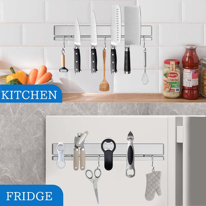 17 Inch Magnetic Knife Holder for Wall No Drill/Drill with 12 Hooks-Strong Adhesive Double Bar Knife Magnetic Strip-Kitchen Utensil Holder-304 Stainless Steel Magnetic Knife Block