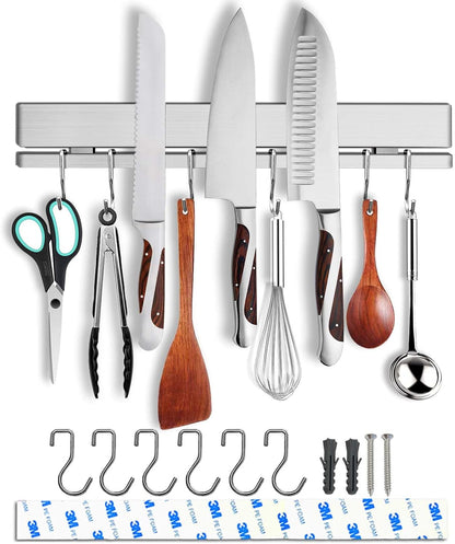 17 Inch Magnetic Knife Holder for Wall No Drill/Drill with 12 Hooks-Strong Adhesive Double Bar Knife Magnetic Strip-Kitchen Utensil Holder-304 Stainless Steel Magnetic Knife Block