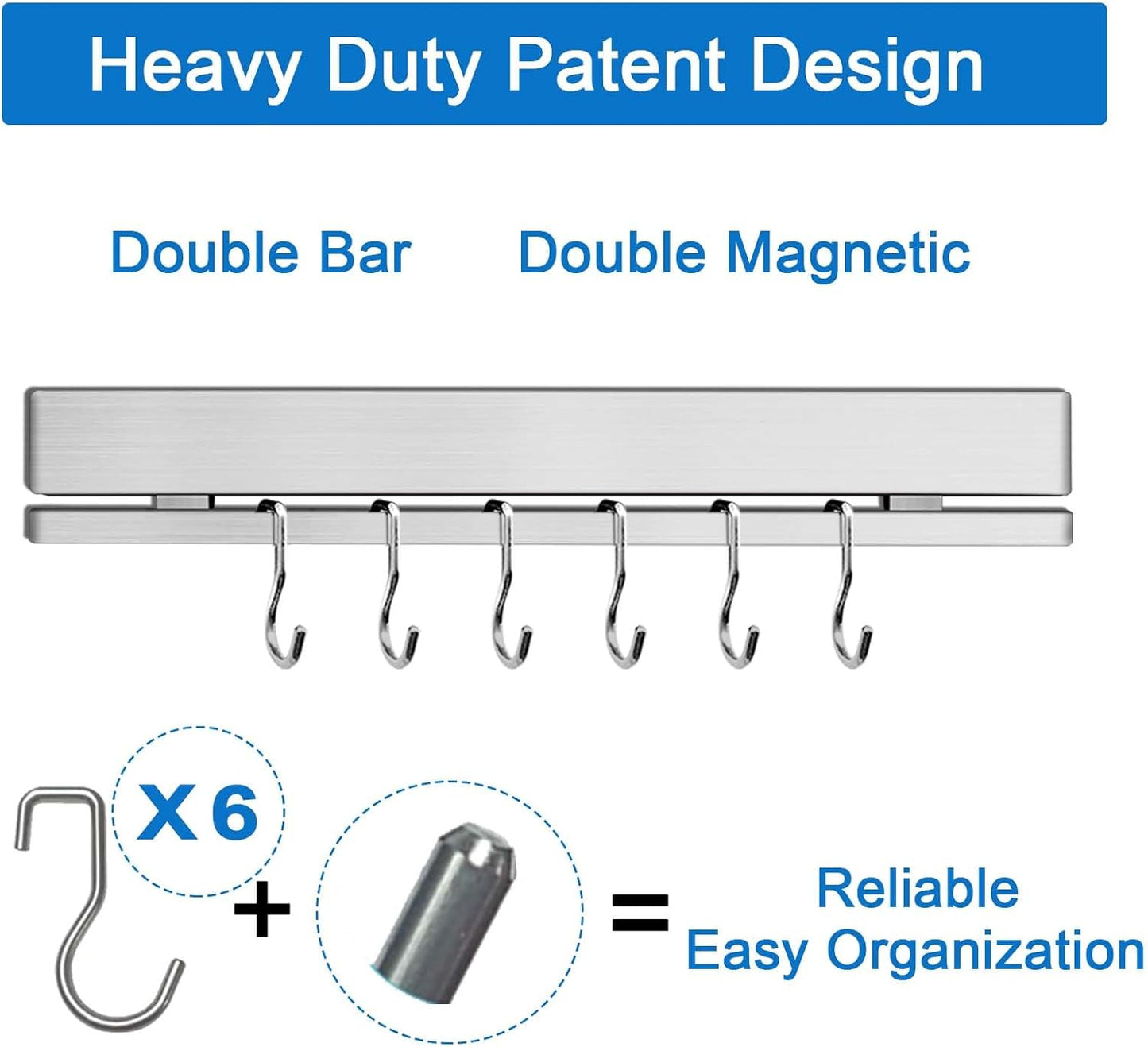 17 Inch Magnetic Knife Holder for Wall No Drill/Drill with 12 Hooks-Strong Adhesive Double Bar Knife Magnetic Strip-Kitchen Utensil Holder-304 Stainless Steel Magnetic Knife Block