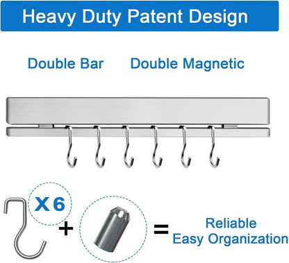 17 Inch Magnetic Knife Holder for Wall No Drill/Drill with 12 Hooks-Strong Adhesive Double Bar Knife Magnetic Strip-Kitchen Utensil Holder-304 Stainless Steel Magnetic Knife Block