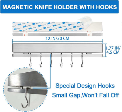 17 Inch Magnetic Knife Holder for Wall No Drill/Drill with 12 Hooks-Strong Adhesive Double Bar Knife Magnetic Strip-Kitchen Utensil Holder-304 Stainless Steel Magnetic Knife Block