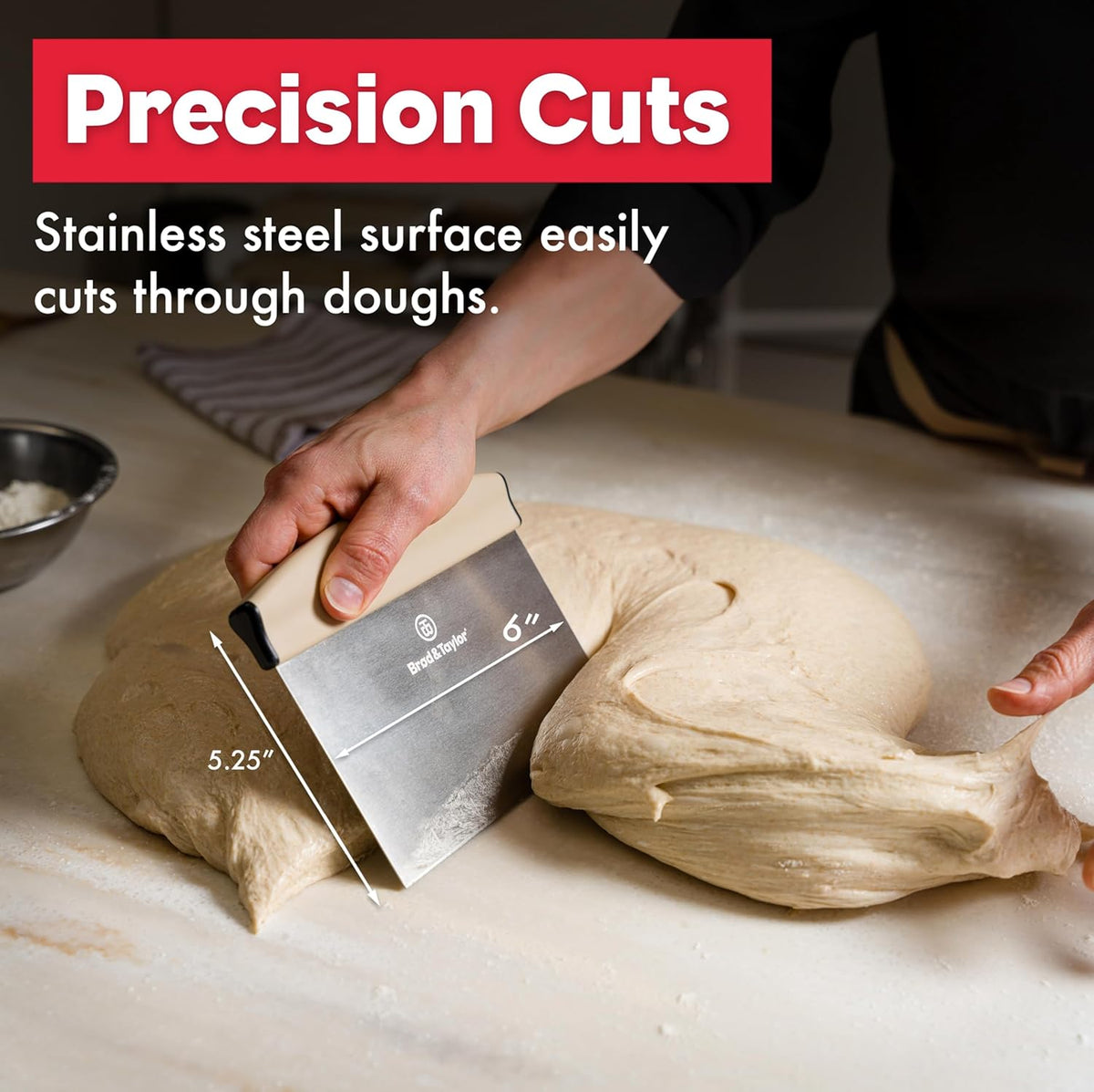 Bench Knife with 1" Markings and Non-Slip Rubber Handle, Dough Cutter for Home-Kitchen Baking (6" x 5.25" Surface), 100% Dishwasher Safe