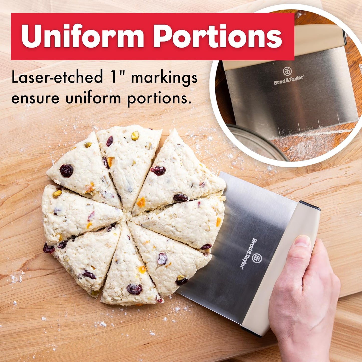 Bench Knife with 1" Markings and Non-Slip Rubber Handle, Dough Cutter for Home-Kitchen Baking (6" x 5.25" Surface), 100% Dishwasher Safe