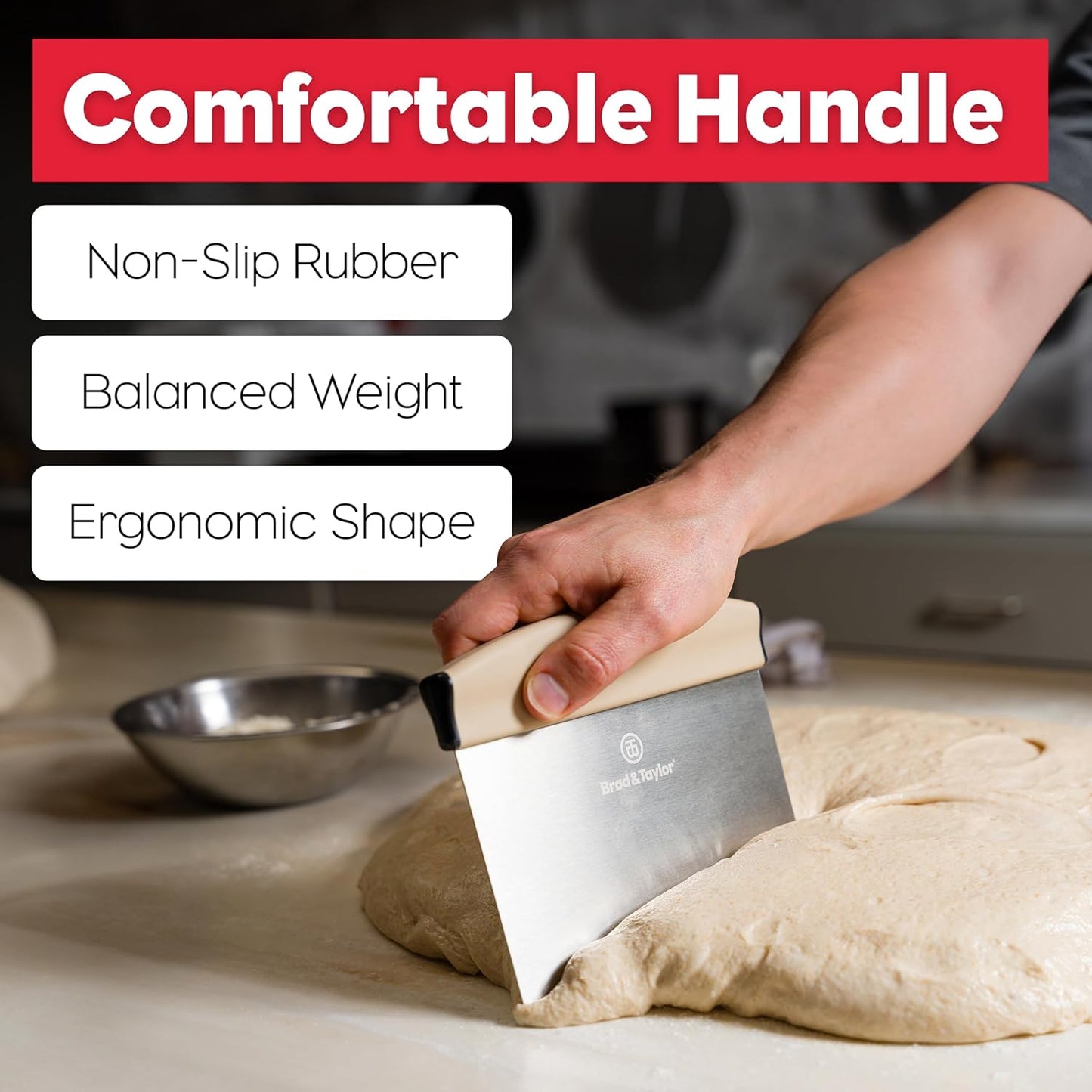Bench Knife with 1" Markings and Non-Slip Rubber Handle, Dough Cutter for Home-Kitchen Baking (6" x 5.25" Surface), 100% Dishwasher Safe