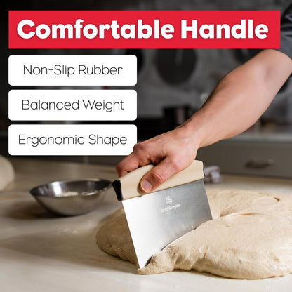 Bench Knife with 1" Markings and Non-Slip Rubber Handle, Dough Cutter for Home-Kitchen Baking (6" x 5.25" Surface), 100% Dishwasher Safe