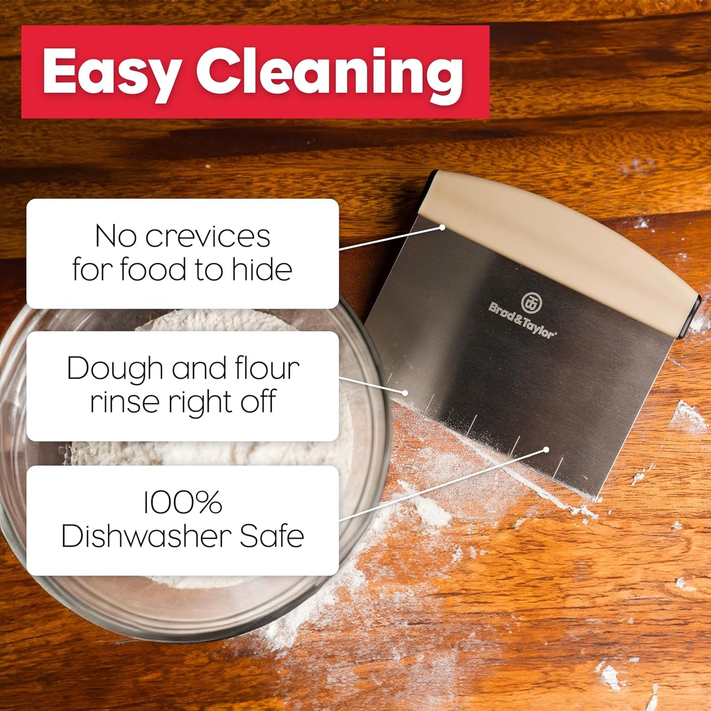 Bench Knife with 1" Markings and Non-Slip Rubber Handle, Dough Cutter for Home-Kitchen Baking (6" x 5.25" Surface), 100% Dishwasher Safe