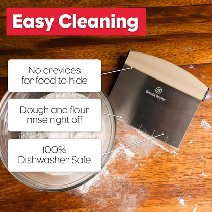 Bench Knife with 1" Markings and Non-Slip Rubber Handle, Dough Cutter for Home-Kitchen Baking (6" x 5.25" Surface), 100% Dishwasher Safe