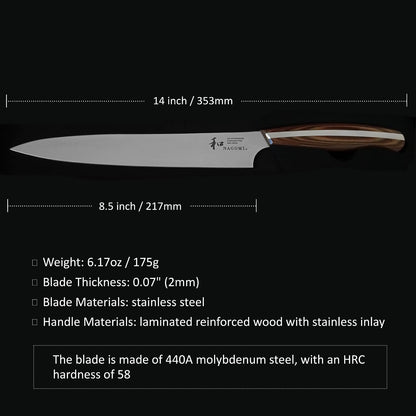 [NAGOMI] 8.5 inch Premium Slicing Knife, Stainless Steel HRC58 Carving Knife for Slicing Roasts, Meats, Sashimi, Fruits and Vegetables | Black Stylish Gift Box