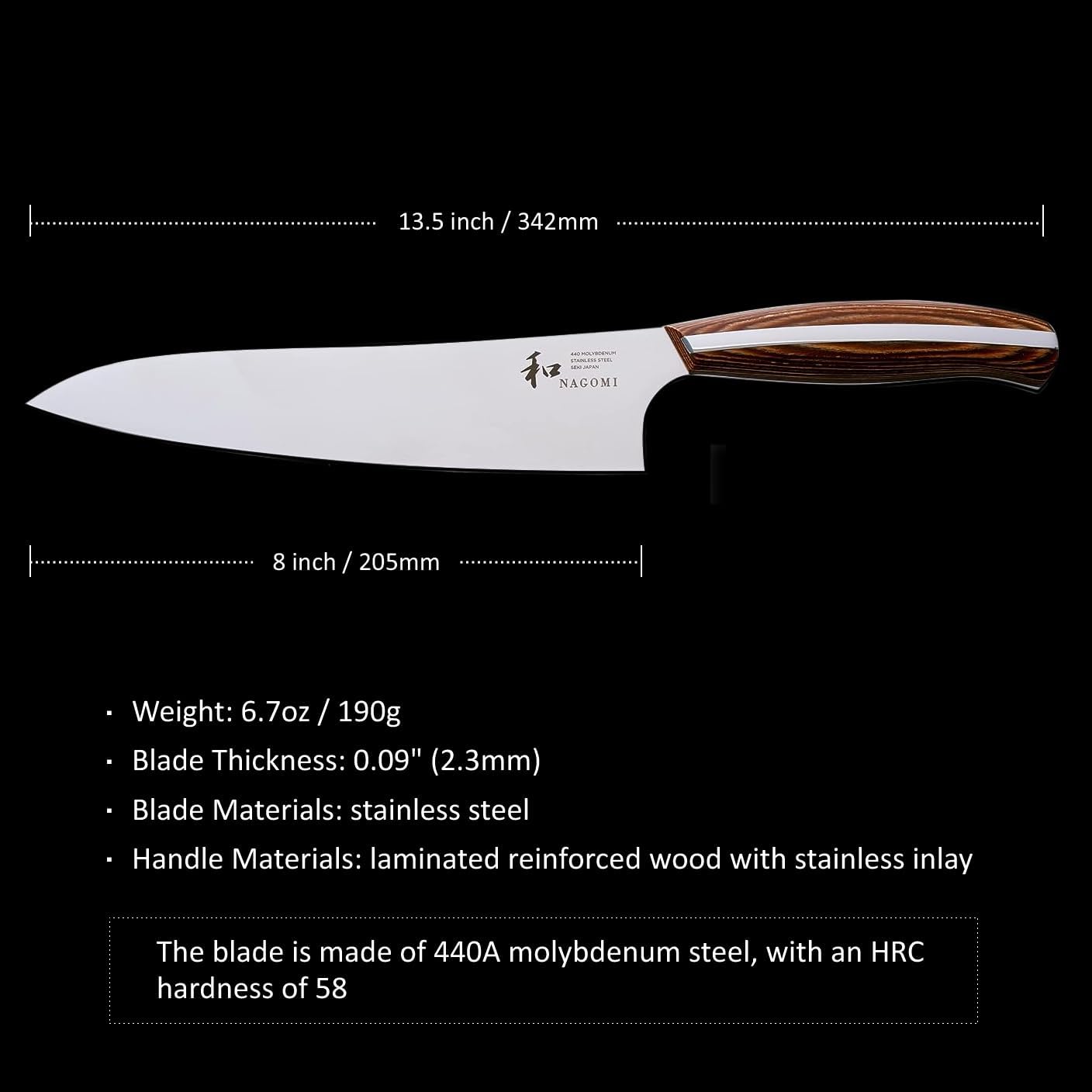 [NAGOMI] 8.5 inch Premium Slicing Knife, Stainless Steel HRC58 Carving Knife for Slicing Roasts, Meats, Sashimi, Fruits and Vegetables | Black Stylish Gift Box