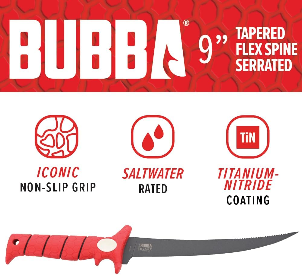 Tapered Flex Fillet Knife with Back Serrated Spine, Included Molded Sheath for Filleting, Outdoors, 9"