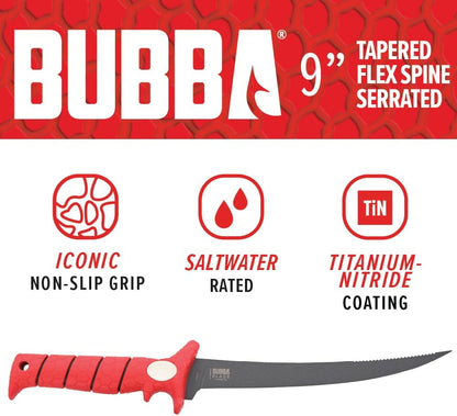 Tapered Flex Fillet Knife with Back Serrated Spine, Included Molded Sheath for Filleting, Outdoors, 9"