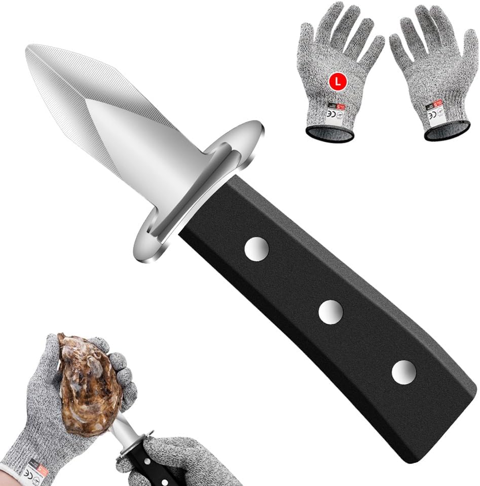 Oyster Shucking Knife+2PCS A5 Cut-Resistant Gloves,Heavy Duty Oyster Knife,Stainless Steel Oyster Shucker Tool,Oyster Opener Tool, Oyster Shucking Kit