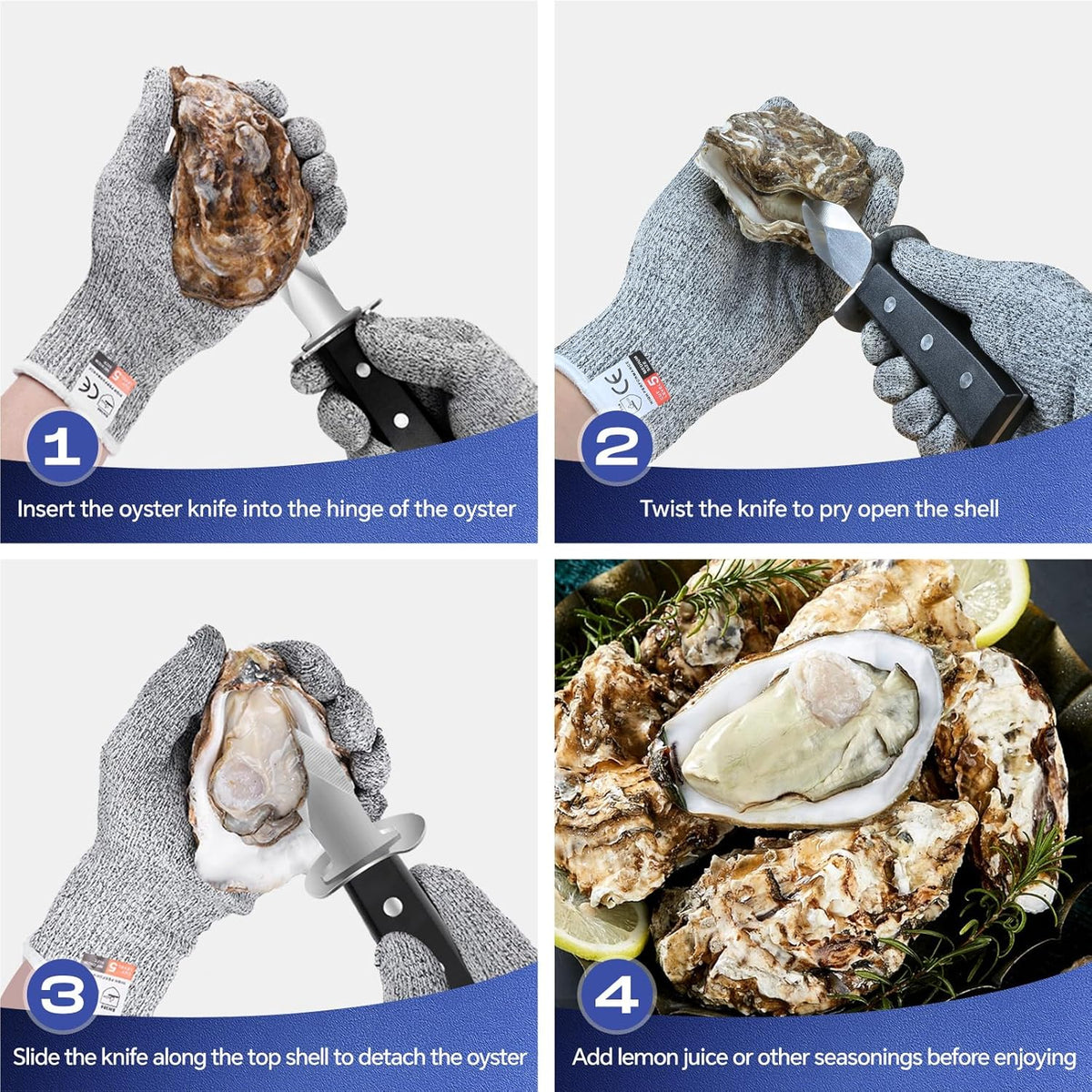 Oyster Shucking Knife+2PCS A5 Cut-Resistant Gloves,Heavy Duty Oyster Knife,Stainless Steel Oyster Shucker Tool,Oyster Opener Tool, Oyster Shucking Kit