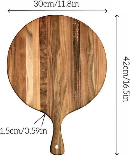 Acacia Wood Round Cutting Board with Handle -16" x 12" Large Charcuterie Board, Wooden Chopping Board for Kitchen, Meat & Cheese Serving Tray, Decorative Butcher Block, Ideal for Pizza