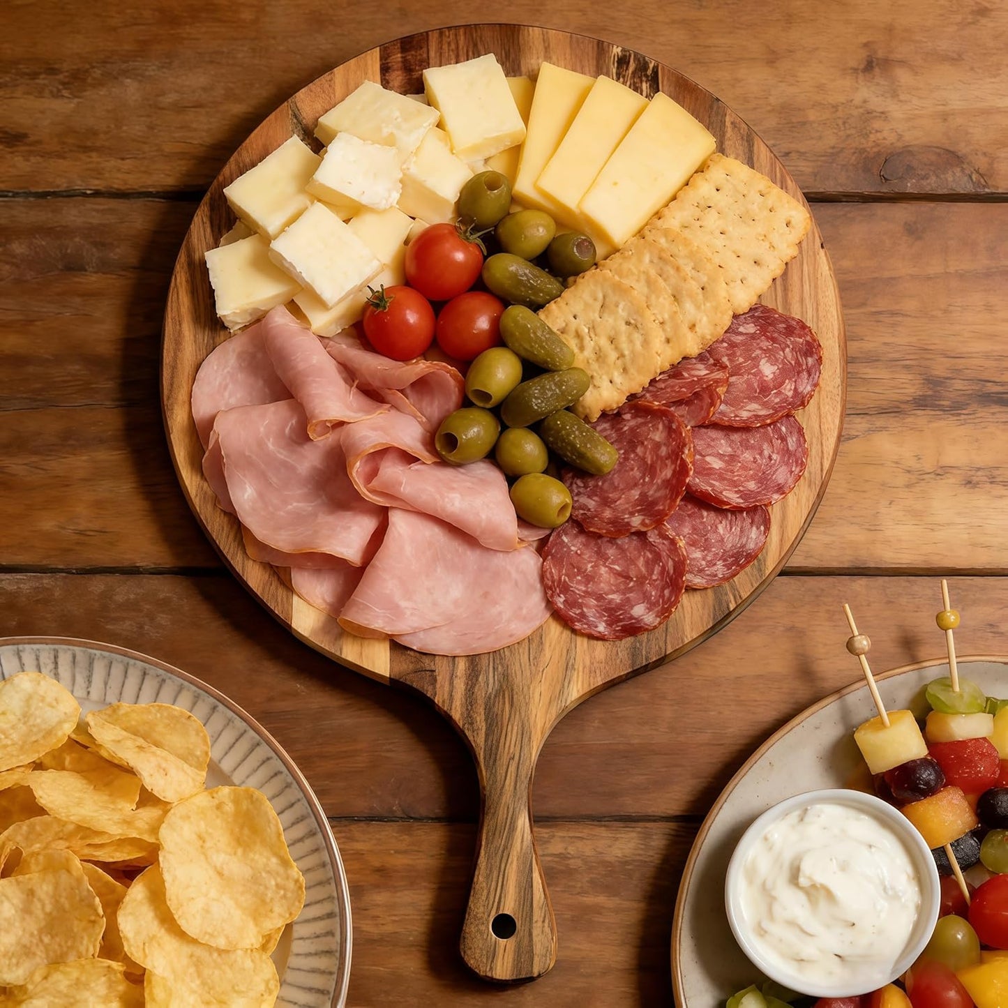 Acacia Wood Round Cutting Board with Handle -16" x 12" Large Charcuterie Board, Wooden Chopping Board for Kitchen, Meat & Cheese Serving Tray, Decorative Butcher Block, Ideal for Pizza