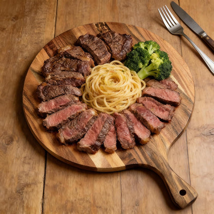 Acacia Wood Round Cutting Board with Handle -16" x 12" Large Charcuterie Board, Wooden Chopping Board for Kitchen, Meat & Cheese Serving Tray, Decorative Butcher Block, Ideal for Pizza
