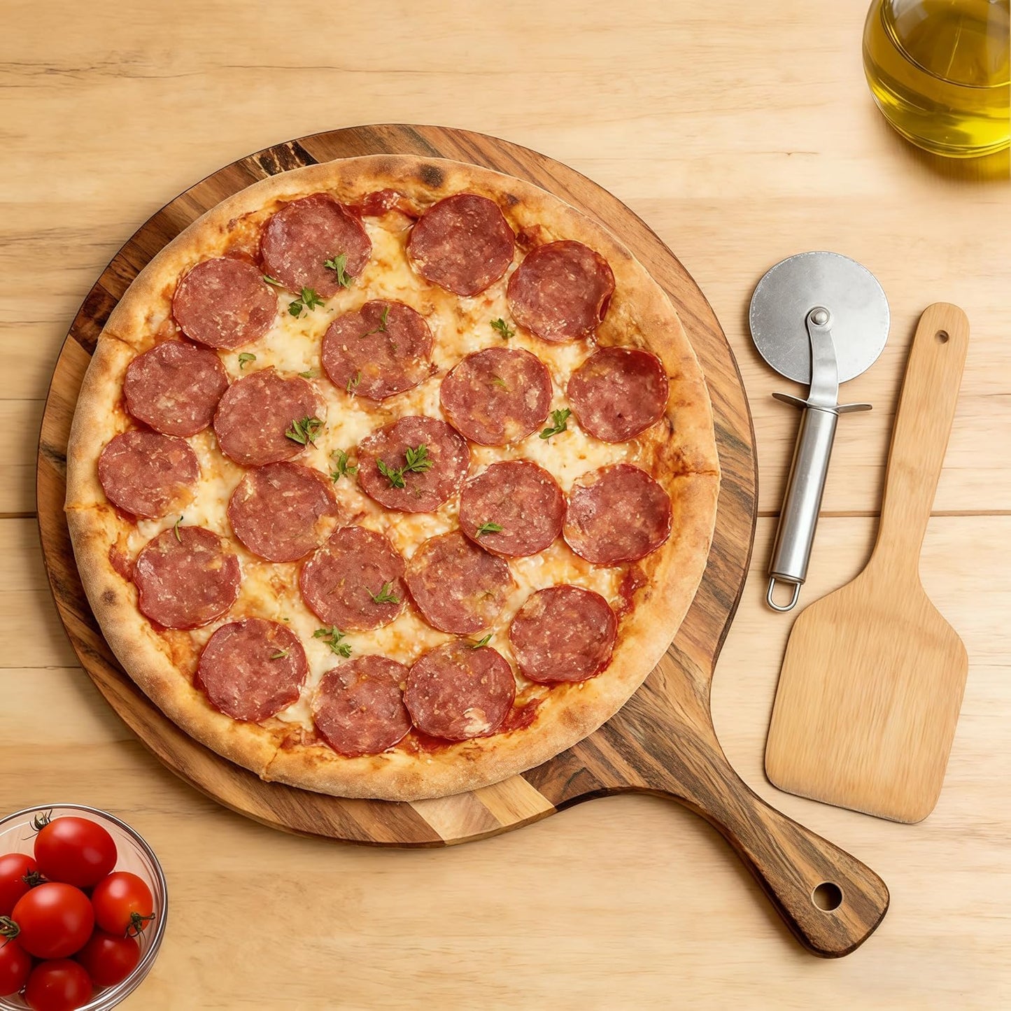 Acacia Wood Round Cutting Board with Handle -16" x 12" Large Charcuterie Board, Wooden Chopping Board for Kitchen, Meat & Cheese Serving Tray, Decorative Butcher Block, Ideal for Pizza
