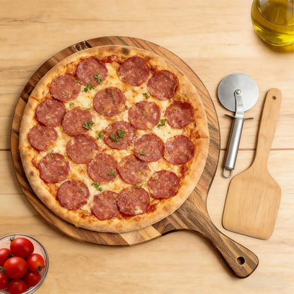 Acacia Wood Round Cutting Board with Handle -16" x 12" Large Charcuterie Board, Wooden Chopping Board for Kitchen, Meat & Cheese Serving Tray, Decorative Butcher Block, Ideal for Pizza