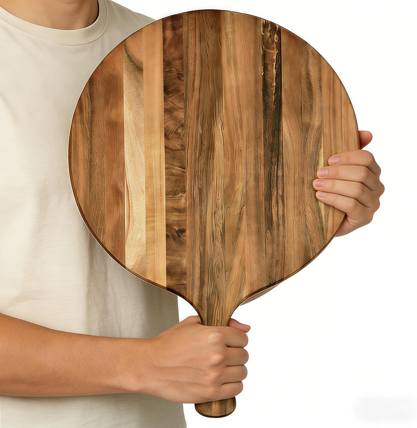 Acacia Wood Round Cutting Board with Handle -16" x 12" Large Charcuterie Board, Wooden Chopping Board for Kitchen, Meat & Cheese Serving Tray, Decorative Butcher Block, Ideal for Pizza