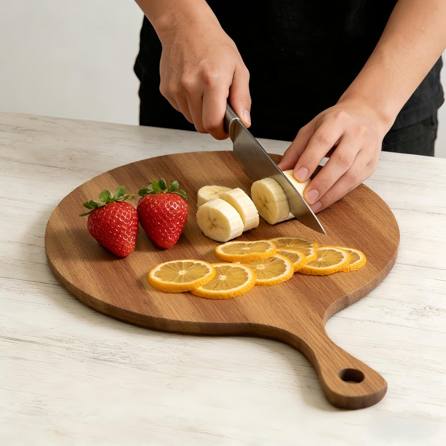 Acacia Wood Round Cutting Board with Handle -16" x 12" Large Charcuterie Board, Wooden Chopping Board for Kitchen, Meat & Cheese Serving Tray, Decorative Butcher Block, Ideal for Pizza