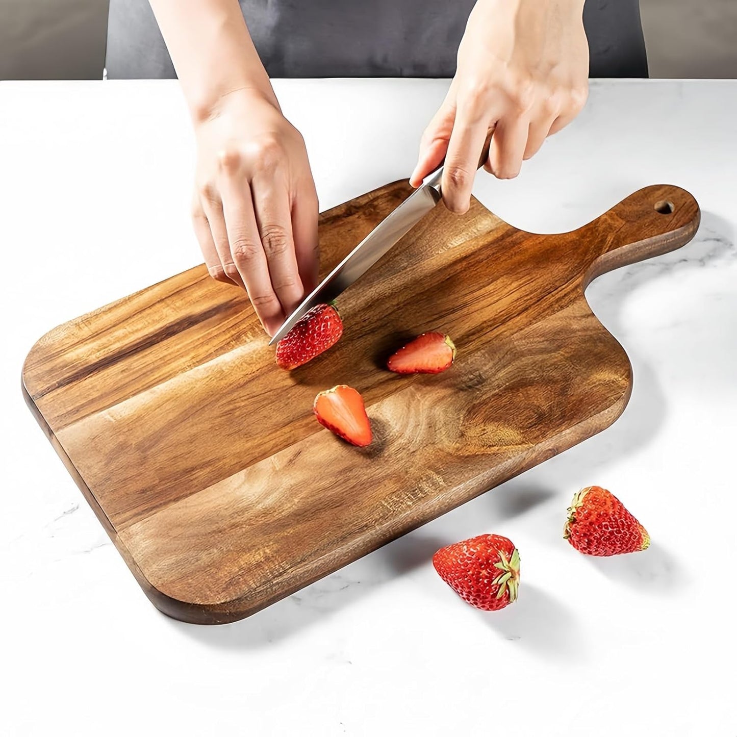 Acacia Wood Round Cutting Board with Handle -16" x 12" Large Charcuterie Board, Wooden Chopping Board for Kitchen, Meat & Cheese Serving Tray, Decorative Butcher Block, Ideal for Pizza