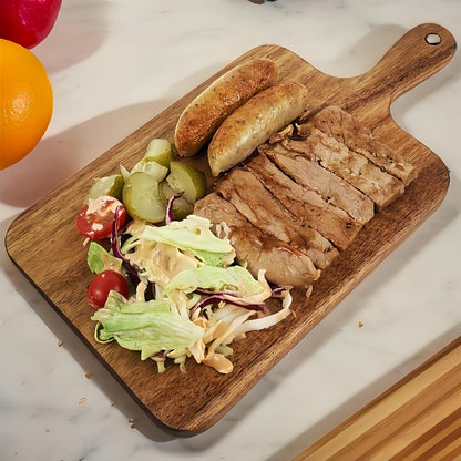 Acacia Wood Round Cutting Board with Handle -16" x 12" Large Charcuterie Board, Wooden Chopping Board for Kitchen, Meat & Cheese Serving Tray, Decorative Butcher Block, Ideal for Pizza